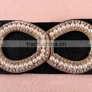 Wholesale Pearl and Rhinestone Inlaid Buckle Sex Women Lady Wide PU Waist Belt thumbnail-4