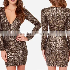 Sexy Women Plunge Neck Long Sleeve Bodycon Zipper Evening Party Cocktail Dress thumbnail-2