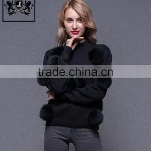High Quality Fox Fur Pom Pom Decorated Woollen Sweater for Ladies thumbnail-5