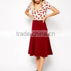 Latest Fashion New Designed Plain Red Longline Midi Skirt With Peplum Hem thumbnail-1