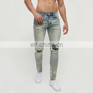 DiZNEW Denim Jeans Manufacturer Custom Hand Rhinestone Bandana Patch Distressed Jeans Man thumbnail-2