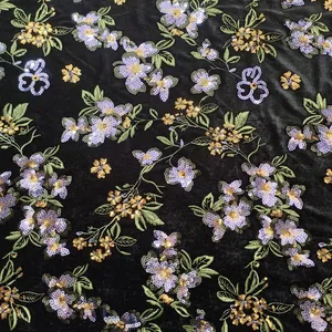 XF6069 Chinese Style Green Plants Embroidered Velvet Fabric Sequined thumbnail-1