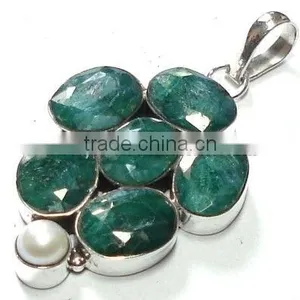 Sterling Silver Emerald With Pearl Pendant, Semiprecious Pendant K5346, Cheap Wedding Rings thumbnail-1