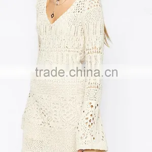 Crochet Sweater Dress Pattern Women Bell Sleeve Sexy Crochet Swing Dress thumbnail-4