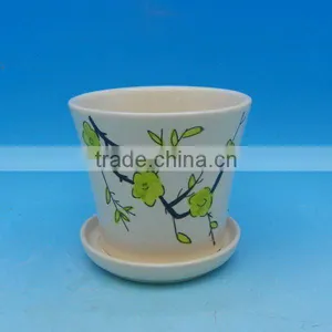 Plum Blossom Printing Ceramic Planters With Saucer thumbnail-1