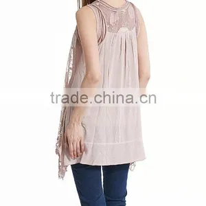 Pink Sheer Floral Lace Layered Sleeveless Tunic Shirts Office Wear for Women thumbnail-4