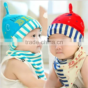 Spring New Style 2pcs/lot 100% Cotton Stripes Newborn Bonnet With Bibs thumbnail-1