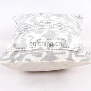 White Floral Kantha Cushion Cover Kantha Throw Indian Cotton Handmade Pillow Cover Ethnic Art Decorative thumbnail-3