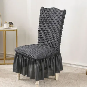 Stretch Seersucker Dining Chair Covers Chair Slipcovers With Ruffled Skirt Grey thumbnail-1