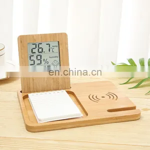 Three in One Bedside Table Wireless Charging Station Planner Pad Ipad Holder Temperature and Humidity Weather Clock Bamboo Set thumbnail-3