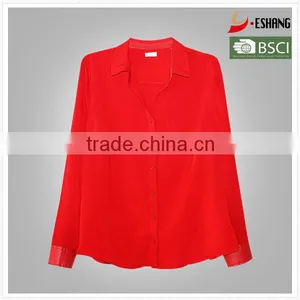 Ladies Chiffon Formal Design With PU Leather Red Shirt thumbnail-1