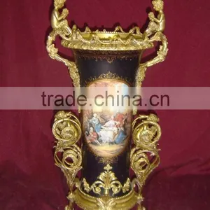 Lovely Cherubim Flower Pot, Hand Painting Ceramic Gold Flower Bowl With Elegant Flowers Mounted thumbnail-2