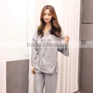 the Couple Wave Point Kimono Long Sleeve Knit Cotton Pajamas Male Ladies Leisure Belt Cardigan Household to Take thumbnail-6