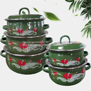 Green Decal Enamel Cookware Pot 5 Pcs Enamel Casserole Set Double Handle Stock Belly Pot With Lid thumbnail-1