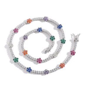 Brass Cubic Zircon Women 2.5mm Flower Shape Tennis Chain Necklace Party Jewelry BC131 thumbnail-5