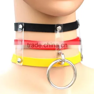 Harajuku Fashion Punk Goth Rivets Choker Handmade Three Row Caged Necklace Black Leather Big O Round Choker Collar Necklace thumbnail-2