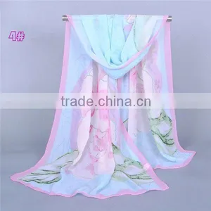 Long Soft Women Blue Chiffon Scarves Peony Peafowl Wrap Silk Fabric for Scarf thumbnail-1