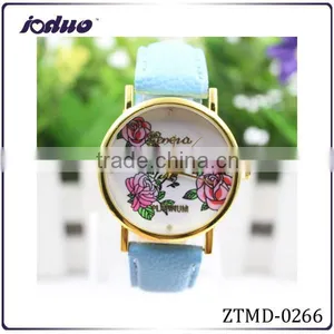 Wholesale New Design Three Flowers Lady Leather Watches thumbnail-1