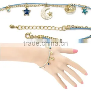 Star Moon Planet Tiny Rhinestone Charms Bracelet Double Layer Cotton Cord Gold Chain Bracelet thumbnail-2