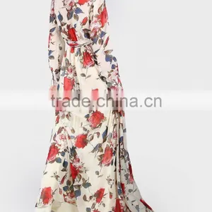 Women Clothing/women Dresses/Rose Print Cuffed Long Sleeve Belted Wrap Dress thumbnail-5