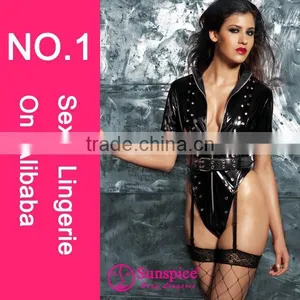 Europe Hot Sale Fishnet Vinyl Belted Teddy Wild Zipper Leather Fetish Clothing thumbnail-1