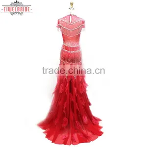 OEM Long Floor-length Beaded and Feather Red Sheath/Column Wedding Dress thumbnail-3
