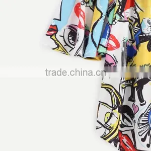 2017 New Designs Off Shoulder Printed Character Pattern Ladies Short Sleeve Blouses thumbnail-4