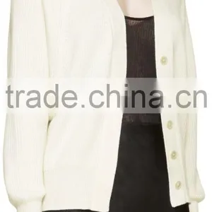 Raglan Sleeve Y-Neck Collared Ivory White Rib Knit Cashmere Cardigan for Women thumbnail-2