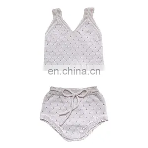 100% Cotton Knitted Kid Girl Knitted 2pcs Set On Crop and Short Sets for Knitted thumbnail-3