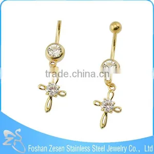 Crystals Cross Dangle Belly Ring Golden Body Jewelry Banana Bar Jewelry thumbnail-6