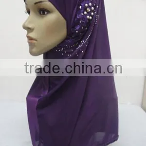 H299 Latest One Piece Instant Hijab With Lace and Rhinestones,muslim Scarf thumbnail-1