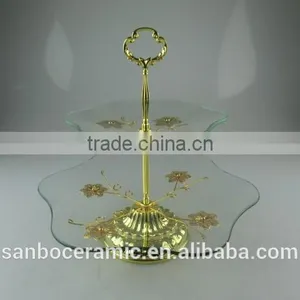 Wholesale Glass Cake Stand, Two Tier Golden Glass Cake Stand With Flower Decoration thumbnail-1