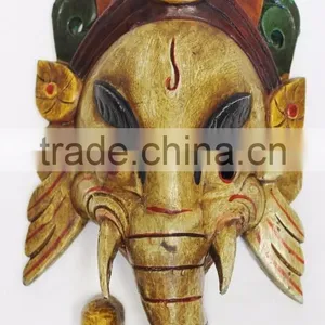 Hand Crafted Wooden Mask of Hindu Lord Ganesh Wall Hanging Made In Nepal thumbnail-1