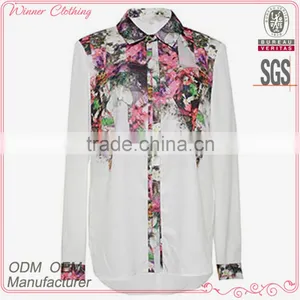 New Model Ladies Fashion Beautiful Shirts 2016 Summer Sweet Long Sleeve Stand Collar White Floral Printed Shirts thumbnail-1