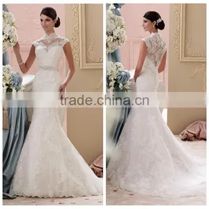 Mermaid Hollow Cap Sleeve Lace Wedding Dress With High Collar thumbnail-1