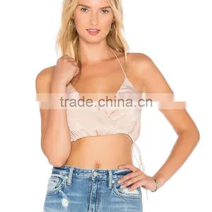 Drawstring Wrap Over Satin Camisole for Women Latest Halter Neck Crop Top thumbnail-4