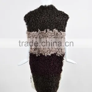 YR772 Genuine Curly Lamb Fur Vest Real Kalgan Sheep Block Color Patchwork Fur Waistcoat thumbnail-2