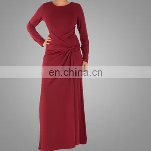 Muslim Long Sleeve Abaya Red Jersey Fabric Islamic Design Plain Solid Color Abaya Dress thumbnail-4