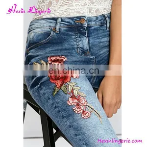 Latest Girls Light Blue High Waist Holes Embroidery Tight Jeans 2017 thumbnail-4