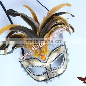 Gold Feather Mardi Gras Masquerade Birthday Party Mask With Cock Feather Mask thumbnail-4