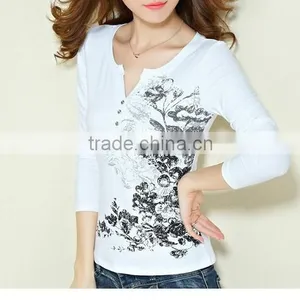 Long-sleeved Show Thin Funnel Collar T-shirt of Women v Neck t Shirt thumbnail-6