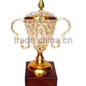 New Arrival Crystal Award Cup Trophy in Gold Finish & Wooden Base thumbnail-1