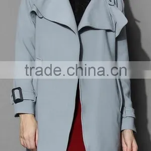 Beige /Grey/Indigo Blue Color Open Front Design Full Lined Long Jacket,beautiful Women Belted Textured Trench Jacket Coat thumbnail-1