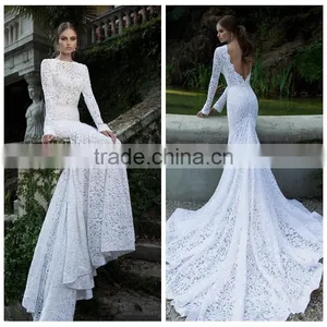 Open Back Long Sleeve Backless Mermaid Long Tail Wedding Dress thumbnail-1