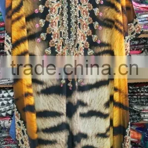 Animal Print Crystal Embellished Digital Print Crepe Silk Caftan Kaftan Tunic Poncho Cover up thumbnail-1