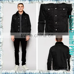 Black Mens Fleece Collar Fitted Denim Jacket for Chilly Winter thumbnail-1