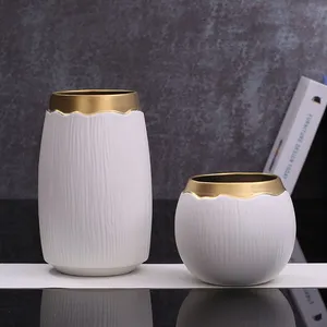 Wide Mouthed White Stripe Gild Hand Made Ceramic Vase For Hallway Decoration thumbnail-1