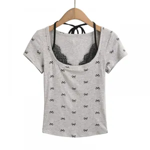 French-style Casual T-shirt With Floral Lace Trim and Bow Detailing, Featuring a Strapless Design and Short Sleeves. thumbnail-4