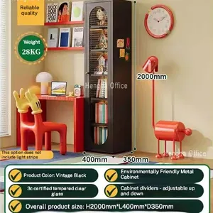 Vintage Metal Glass Bookcase With Curved Glass Door for Study Room | 3C Certified Tempered Glass & Adjustable Shelves thumbnail-3