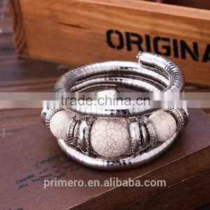 Hot Jewelry Tibetan Silver Bracelet Turquoise Inlay Roundness Bead Adjust Bangle thumbnail-2
